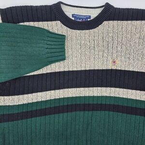Tommy Hilfiger Men's Striped Crewneck Sweater Green Black Tan Size LG heavy